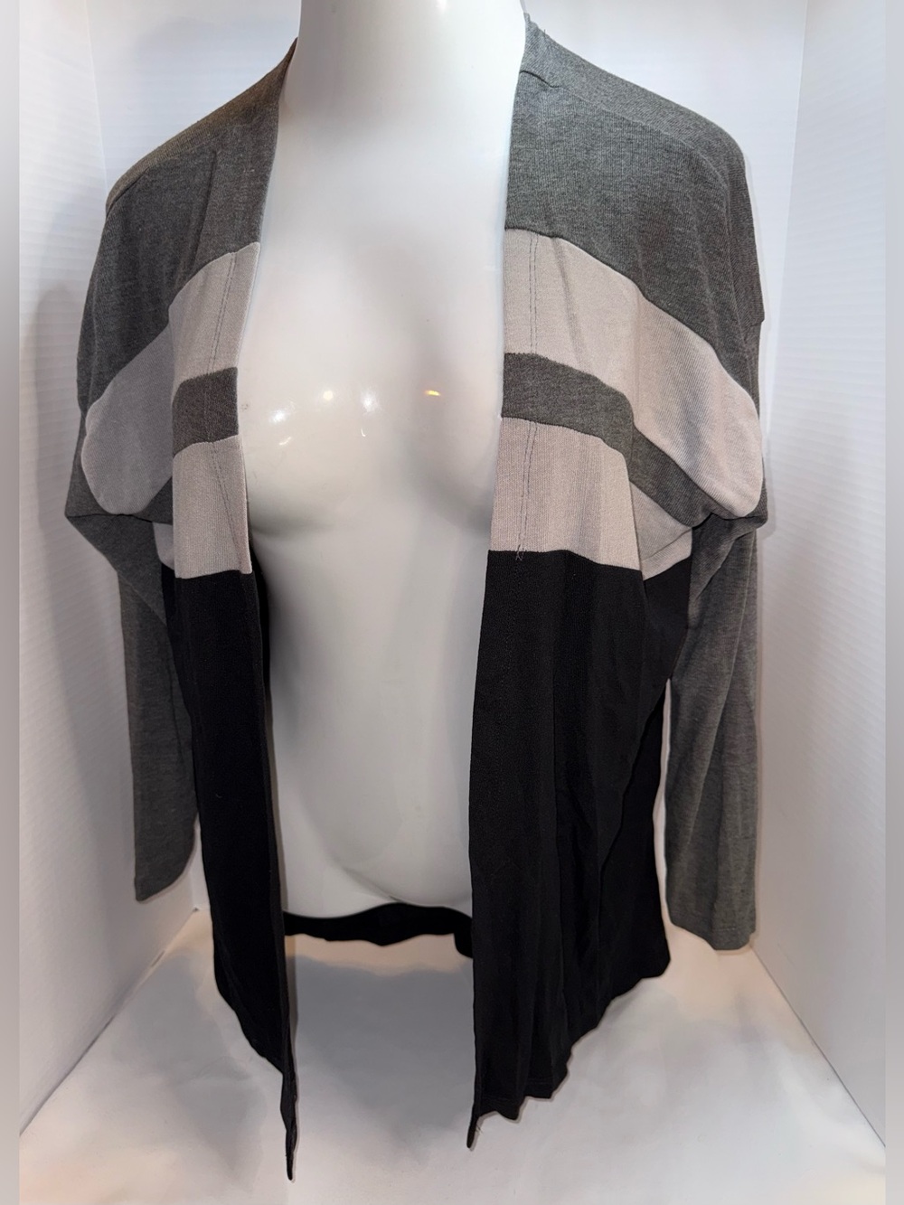 Very J Open-Front Striped Cardigan in Gray, Black, Cream